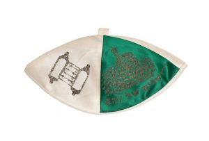 Scullcap, green and white polyester satin with printed silver Jewish motifs of Star of David, Torah scroll, Lion of Juda and Western Wall, Jerusalem.