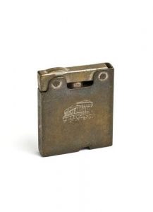 Lighter for cigarettes, metal (brass?), with petrol compartment and wick, in rectangular shape, one with Acropolis design