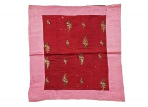 Reader's desk cover or Torah cover, wine red silk square centrepiece with laid and couched gold embroidery, in secondary use, bordered by fuchsia cotton stripes.