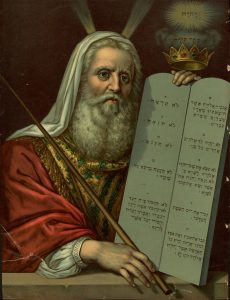 Print of painting. Moses holding the Tablets of the Law.