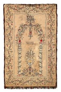Torah ark curtain, mulitcoloured wool felt applique work, floral scroll border, central motifs of portal and hanging lamp, metal embroidered dedicatory inscription, donated by Rabbi Solomon Meir in memory of his sister Pinah to the Old Congregation, Ioannina.