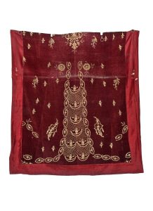 Torah ark curtain, wine red velvet with laid and couched gold embroidery, made from garment.