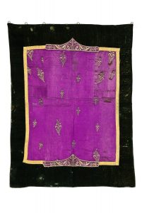 Torah ark curtain, black and purple silk, centrepiece made from gold embroidered textiles or garment in secondary use.