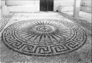 The Synagogue of Rhodes, view of the exterior, detail from the mosaic floor in the rear courtyard.