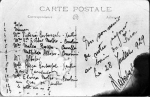 Postcard, Group from Xanthi on a picnic to Fera, Fera, 25 July 1929. (BACK)