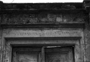 The Synagogue of Chania, view of the exterior, close-up of an inscription over the street door, entry to the courtyard.
