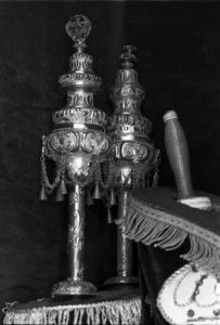 The Synagogue of Volos, view of the interior, detail from two Rimonim.