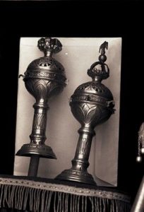 The Synagogue of Volos, view of the interior, detail from two Rimonim.