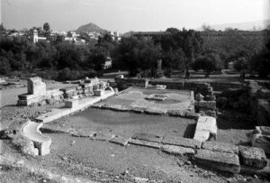 Possible synagogue foundation in Athenian Agora, with Lycabbetus Hill beyond.(NE)