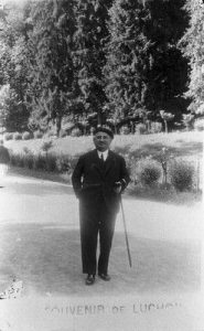 Photograph of a man with walking stick, Luchon France.