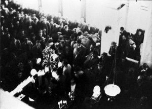 Photograph of inauguration of restored Monasteri synagogue, December 1945 or January 1946.