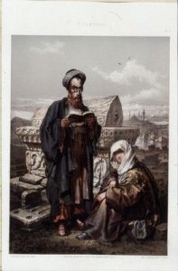 Lithograph: Haham and Jewess in cemetary at Pesa, Constantinople, Preziosi.