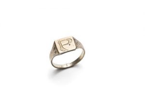 Silver ring, brass plate with initial 