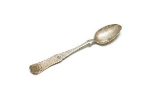 Silver cake spoon, decorated with wavy lines, engraved monogram 
