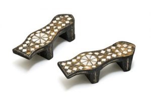 Pair of high-heeled wooden bath clogs inlaid with mother-of-pearl, from Aydin.