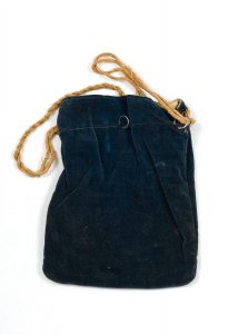 Drawstring bag for phylacteries, dark blue cotton velvet with beige cotton string.