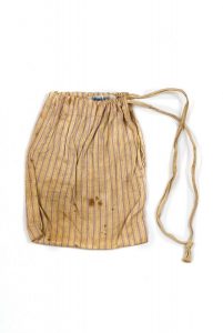 Drawstring bag for phylacteries, cream cotton with yellow and violet vertical stripes.