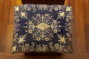 Reader's desk cover, purple velvet with floral gold embroidery, made from a wrapper, dedicated in the names of Benjamin and Samuel.