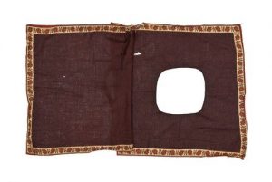 Two dark marron squares edged with floral braid, circular cutout, for unknown use.