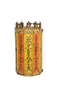Painted wooden Torah case, front view.