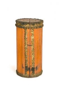 Painted wooden Torah case with metal decoration.