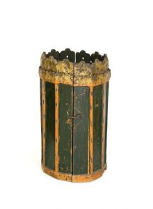 Painted wooden Torah case with metal decoration.