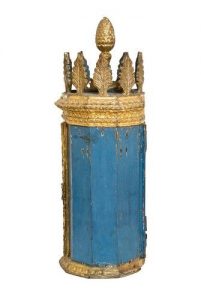 Painted wooden Torah case, side view.