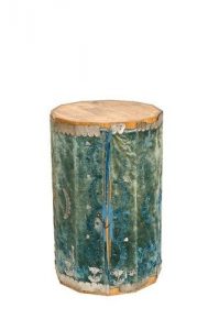 Faded blue velvet Torah case cover with metal decorations.