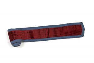 Narrow dark red velvet band with lining, trimmed with blue cotton ribbon.