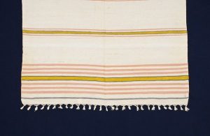 Cream cotton bath towel with pink stripes and mustard silk stripes, from Ioannina.