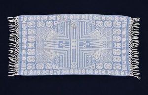 Light blue and white guest towel of Turkish origin, dowry of Fakima Allalouf.