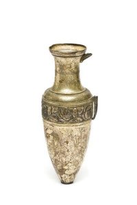 Decorative vase in the shape of amphora, silver-plated metal with repousse band of roses, probably for use in a stand.