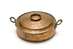 Shallow copper vessel with lid, dowry of Nina Gani-Konstantini, Zanynthos.