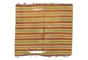 Piece of silk material with brown, green, and yellow stripes.