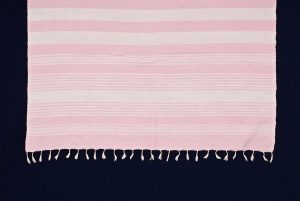 Hand-woven white cotton with pale pink stripes, dowry of Sarina Cohen-Matathia.