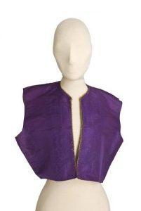 Purple silk moire waistcoat, front opening edged with gold embroidery.