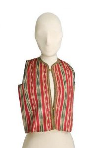 Red striped Ikat silk waistcoat, edged with gold embroidery.