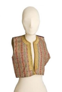 Striped silk brocade waistcoat, front opening and neckline edged with woven gold braids.