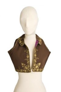 Brown silk waistcoat with round collar, edged with gold embroidery.