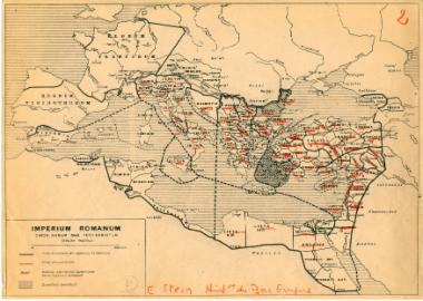 Χάρτης της Ρωμαϊκής αυτοκρατορίας κατά το έτος 560, από το έργο του Εrnest Stein, Histoire du Bas Empire, 2 τ., Παρίσι-Βρυξέλλες-'Αμστερνταμ, Desclée de Brouwer, 1949-1959.