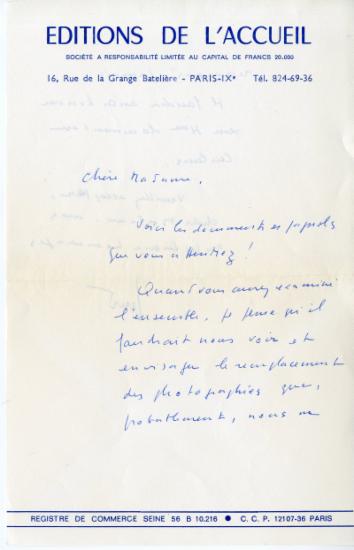 Επιστολή του εκδότη Jacques Mérand προς την Ελένη Αντωνιάδη Μπιμπίκου αναφορικά με την εικονογράφηση της μονογραφίας της Le luxe byzantin [Ο Πολυτελής Βίος στο Βυζάντιο].