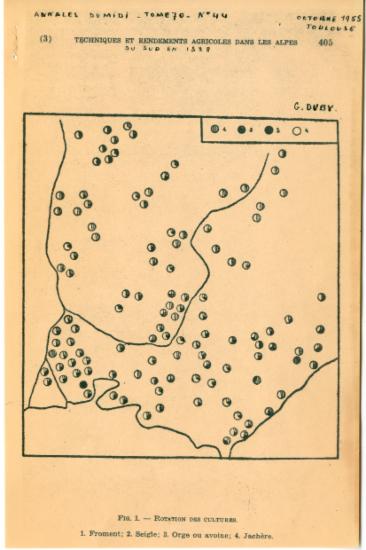 Χάρτες από τη δημοσίευση του Georges Duby, Techniques et rendements agricoles dans les Alpes du Sud en 1338 [Γεωργικές τεχνικές και αποδόσεις στις νότιες Άλπεις το 1338], Annales du Midi, 70-44 (1958), σσ. 403-413.