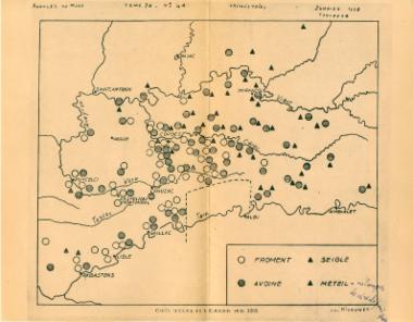 Χάρτης από τη δημοσίευση του Charles Higounet, Une carte agricole de l'Albigeois vers 1260 [Ένας αγροτικός χάρτης της περιοχής του Αλμπί γύρω στο 1260], Annales du Midi, 70-41 (1958), σσ. 65-71.