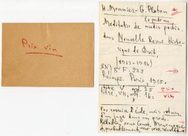 Χειρόγραφες σημειώσεις της Ελένης Αντωνιάδη Μπιμπίκου αναφορικά με το εμπόριο οίνου στο Βυζάντιο.