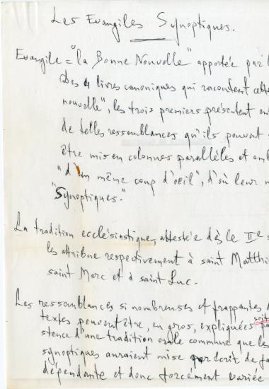 Χειρόγραφες σημειώσεις της Ελένης Αντωνιάδη Μπιμπίκου αναφορικά με τα Συνοπτικά Ευαγγέλια.