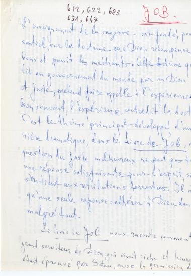Χειρόγραφες σημειώσεις της Ελένης Αντωνιάδη Μπιμπίκου αναφορικά με το βιβλίο του Ιώβ (Παλαιά Διαθήκη).