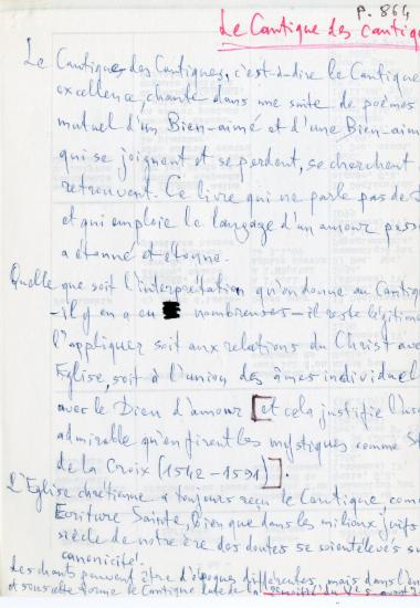 Χειρόγραφες σημειώσεις της Ελένης Αντωνιάδη Μπιμπίκου αναφορικά με το Άσμα Ασμάτων (Παλαιά Διαθήκη).