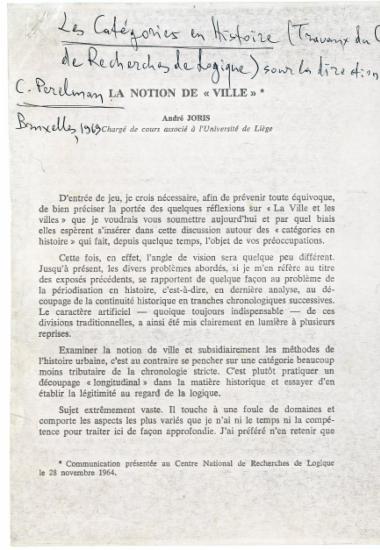 André Joris, La notion de 'ville', στο Les catégories en histoire, Chaim Perelman (επ.), Βρυξέλλες, Editions de l'Institut de sociologie, 1969.