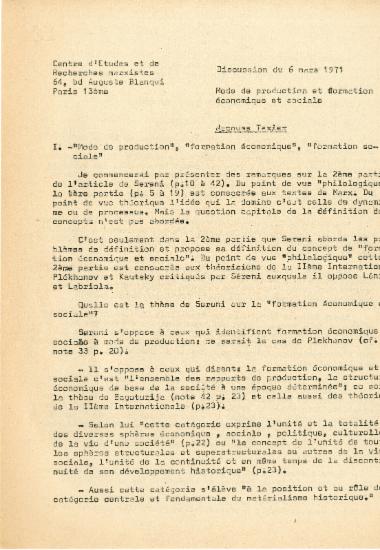 Κείμενο της ανακοίνωσης του Jacques Texier σε συνάντηση του Κέντρου Μαρξιστικών Μελετών και Ερευνών (Παρίσι) με αντικείμενο την έννοια του τρόπου παραγωγής.