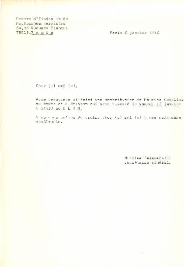 Επιστολή του Nicolas Pasquarelli αναφορικά με εκδήλωση του Κέντρου Μαρξιστικών Μελετών και Ερευνών (Παρίσι).